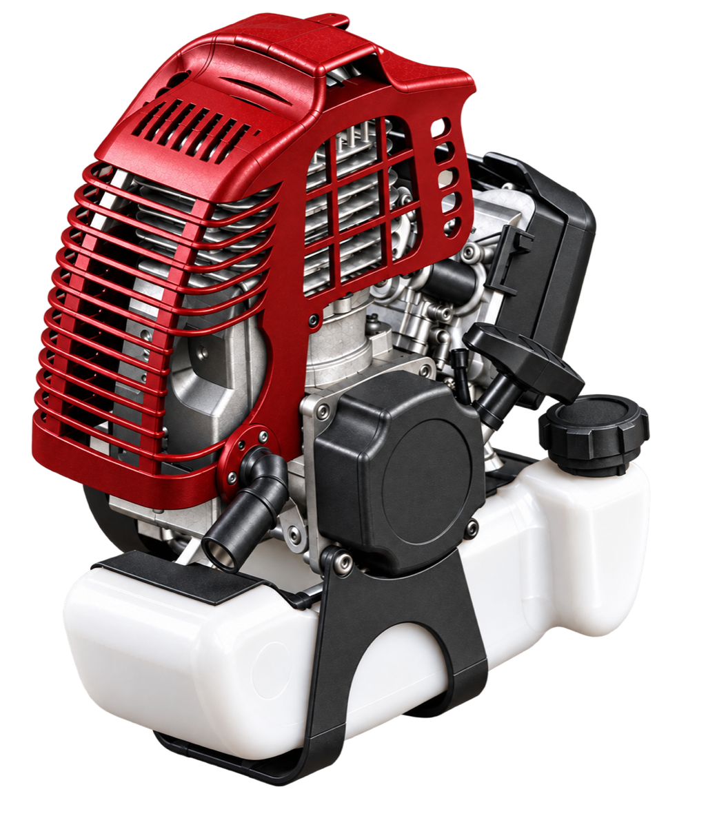 Reference image of a compact 140 or 170 cubic centimetre two-stroke engine for grass-cutting equipment