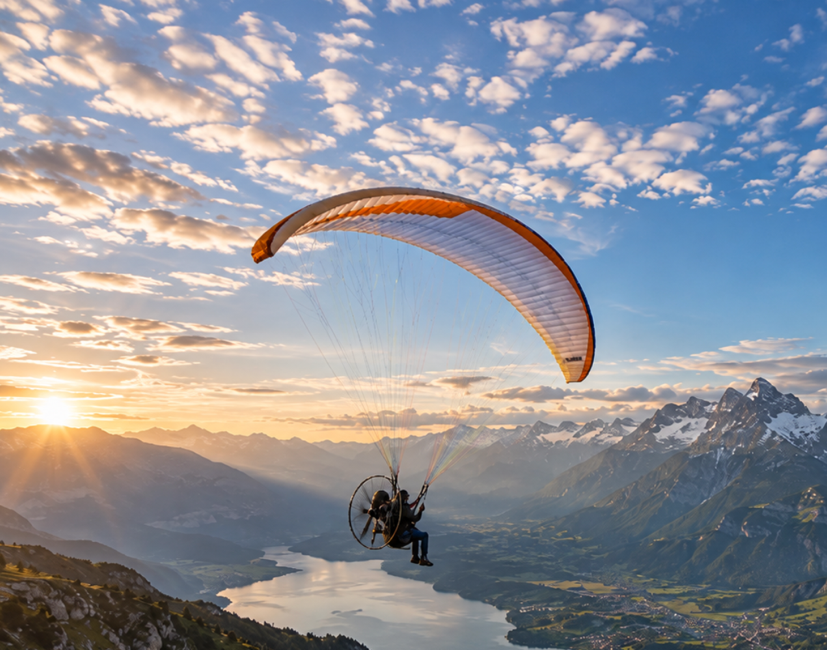Foot-launched paramotor flying over a mountain valley at sunset