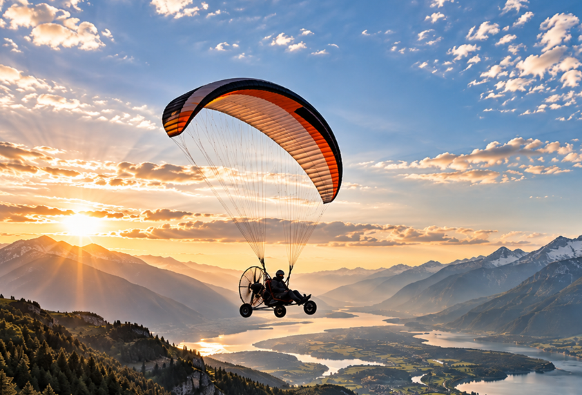 Wheeled paratrike flying above a mountain valley